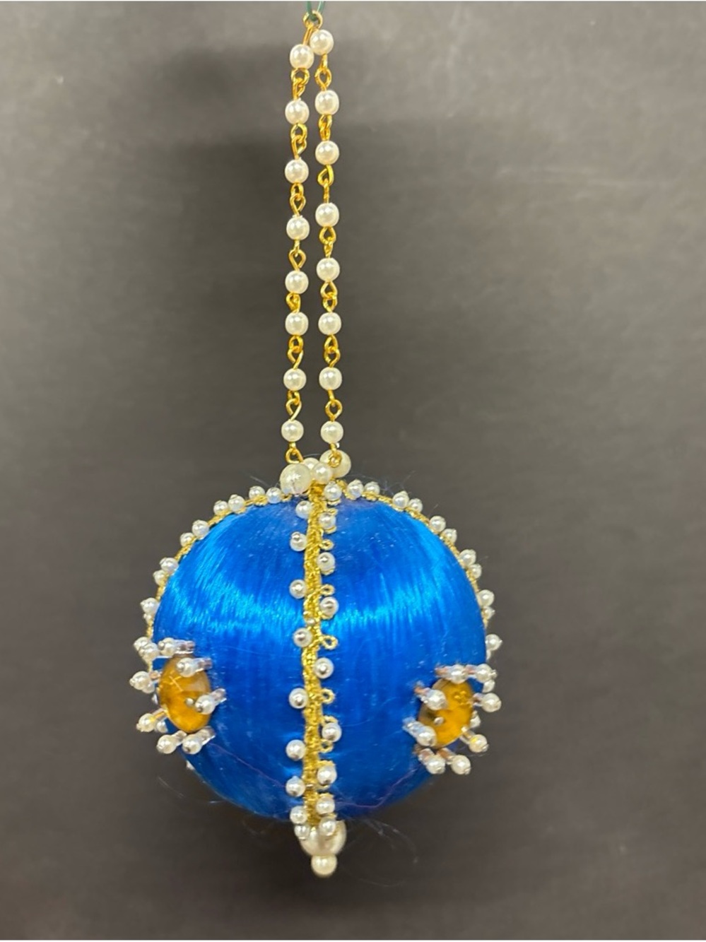 Gold And Pearls Trim Blue Satin Ball Ornament